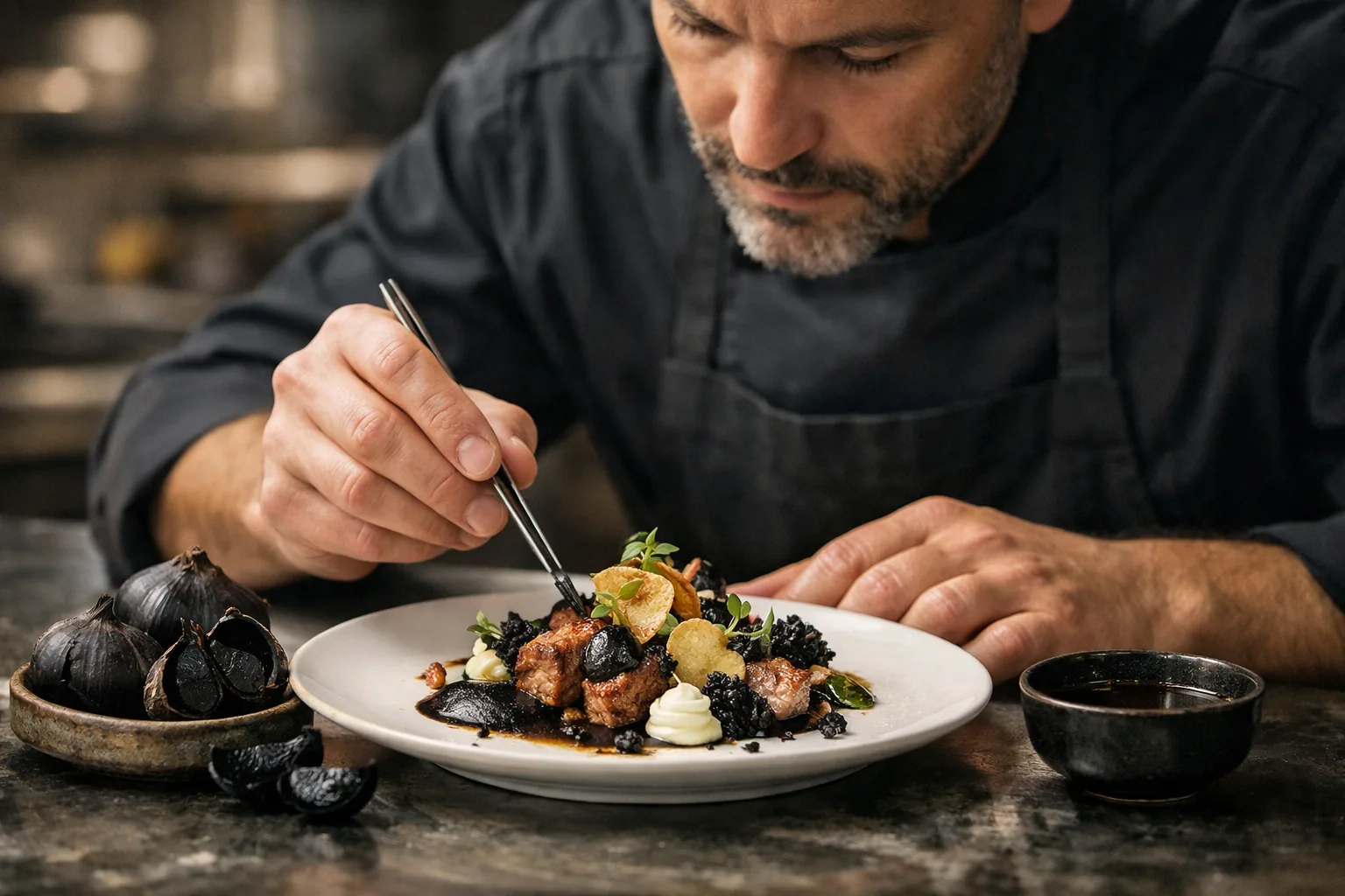 Chef en cuisine utilisant l'ail noir