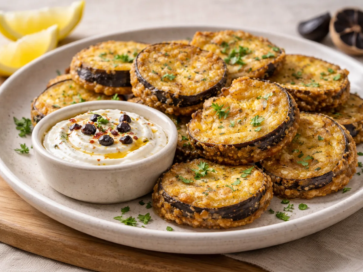 Beignets d'aubergine avec trempette à l'ail noir