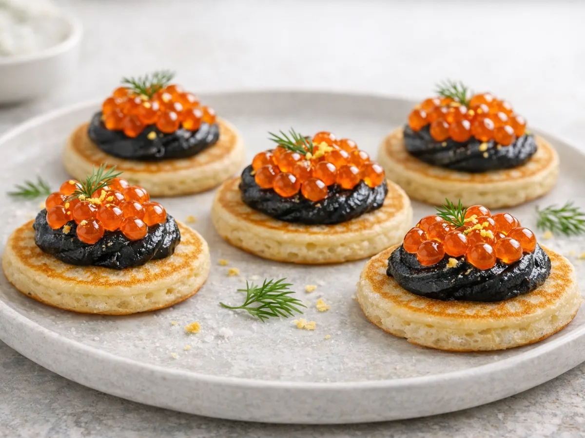 Blinis à la crème d'ail noir et œufs de saumon