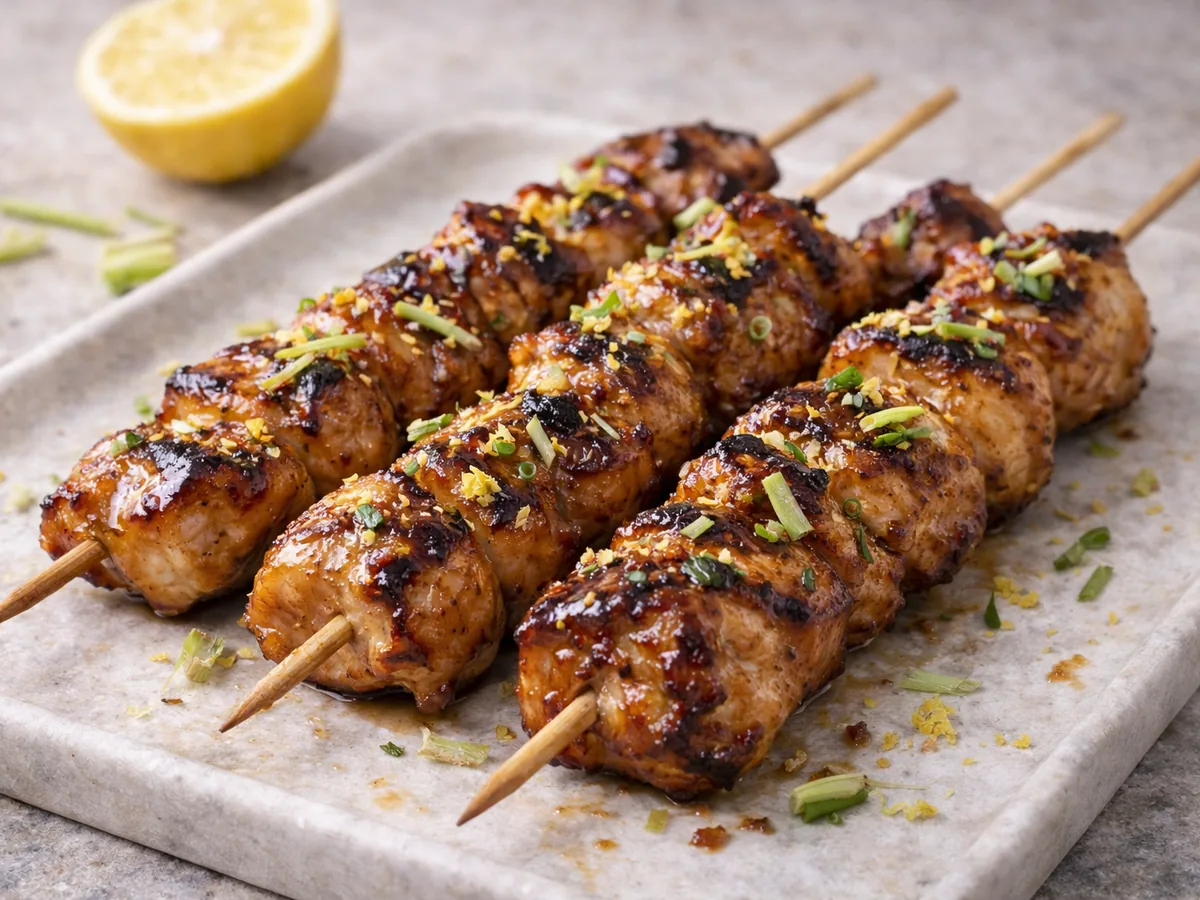 Brochettes de poulet marinées à l'ail noir et citronnelle