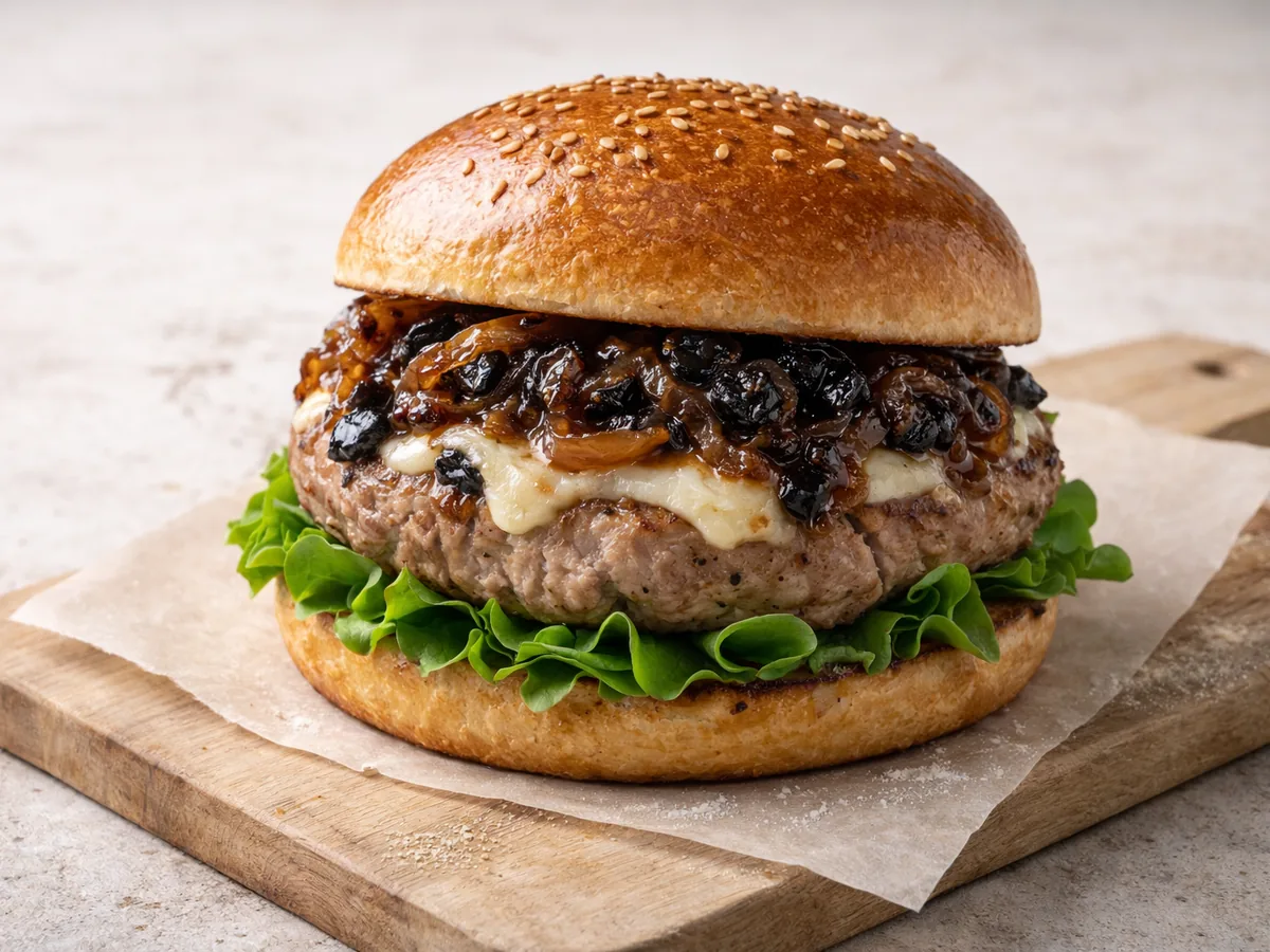 Burger de veau au confit d'oignons et ail noir