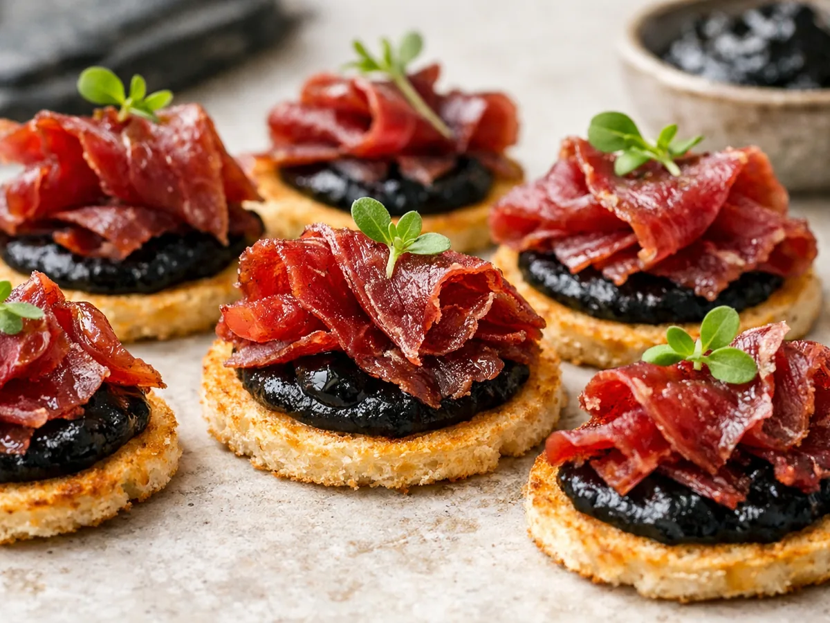 Canapés de bœuf séché avec purée d'ail noir