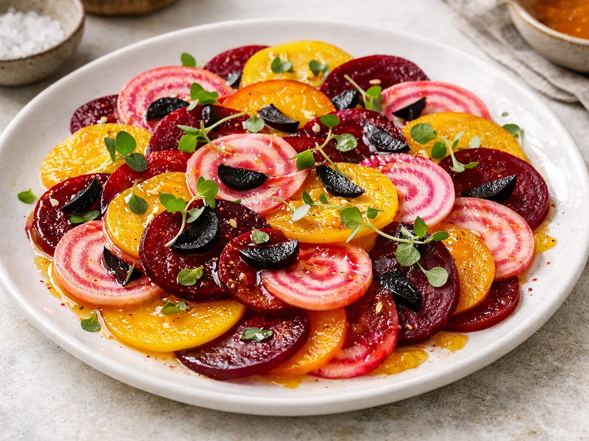 Carpaccio de betteraves à l'ail noir et vinaigrette à l'orange
