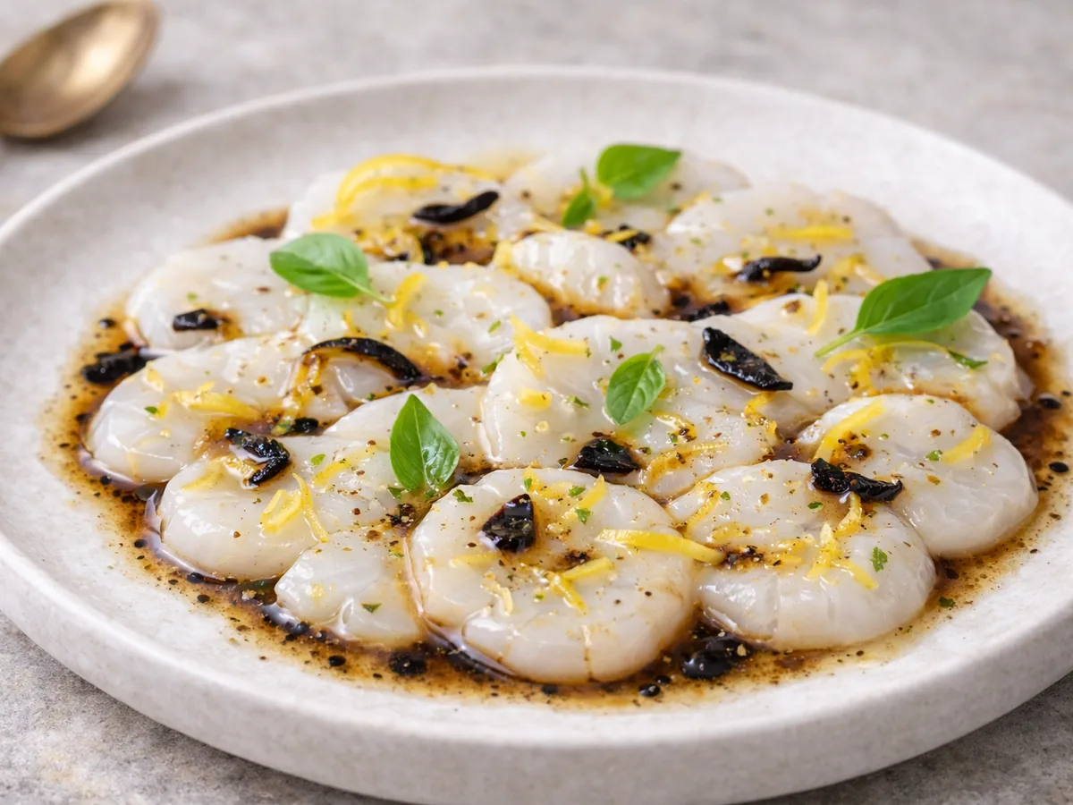 Carpaccio de Saint-Jacques à la vinaigrette d'ail noir