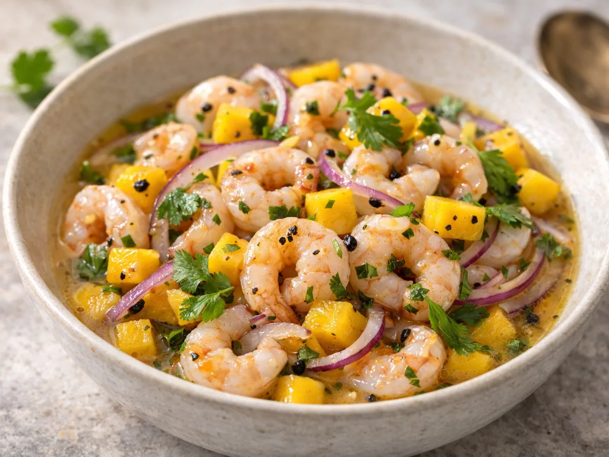 Ceviche de crevettes à l'ail noir et mangue