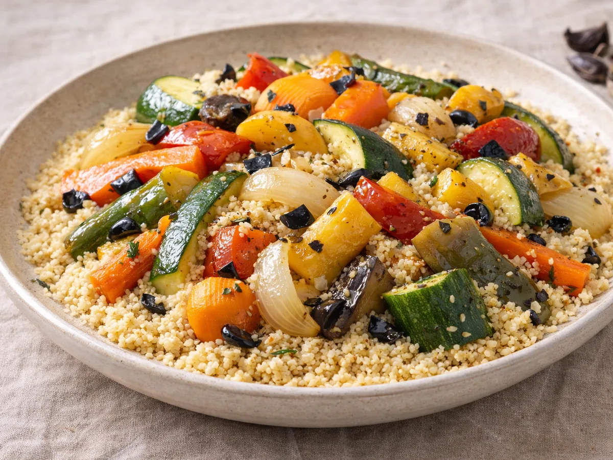 Couscous aux sept légumes et touches d'ail noir