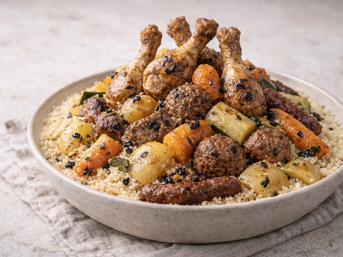 Couscous royal avec boulettes d'agneau et de bœuf à l'ail noir