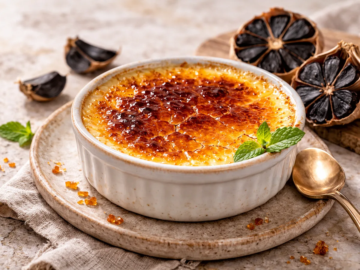 Crème brûlée à l'ail noir avec sa croûte de sucre caramélisé