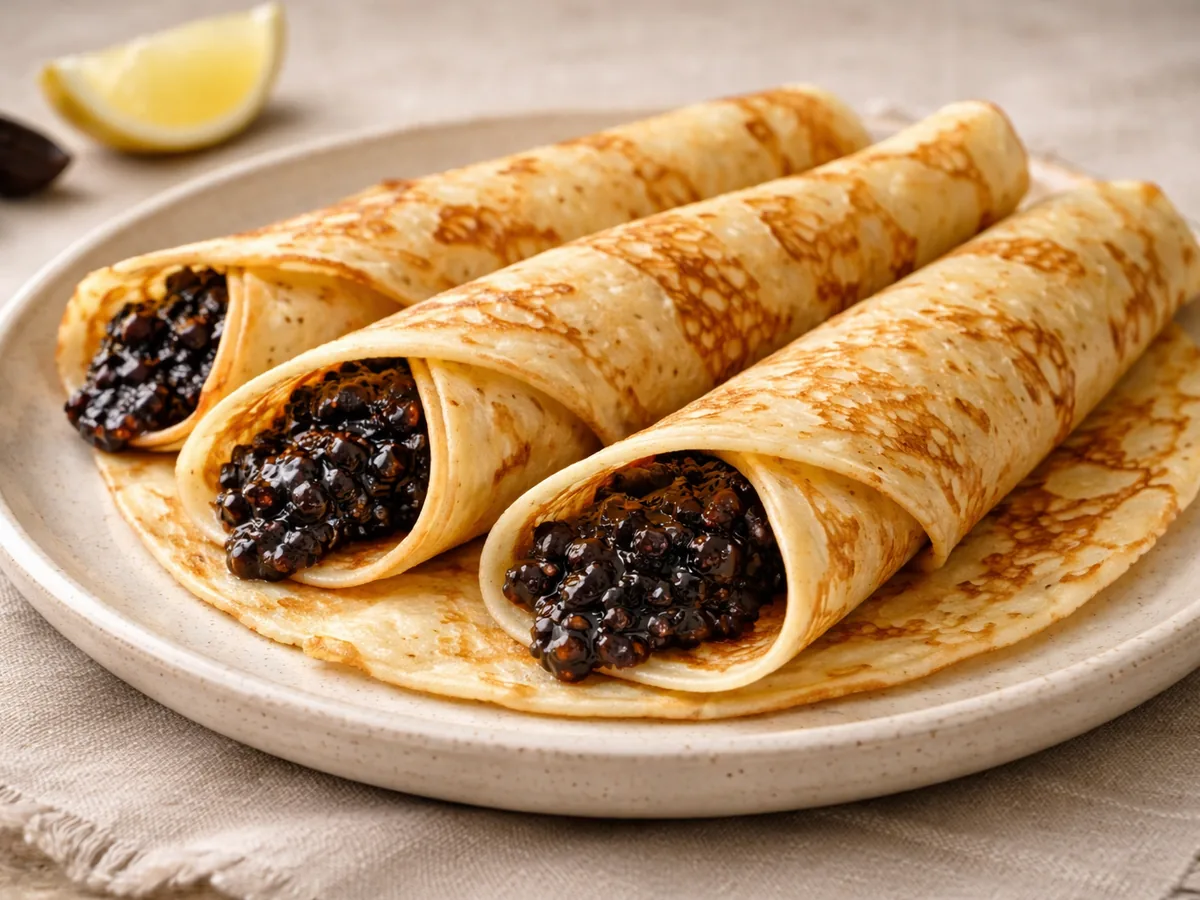 Crêpes légères garnies d'une marmelade d'ail noir