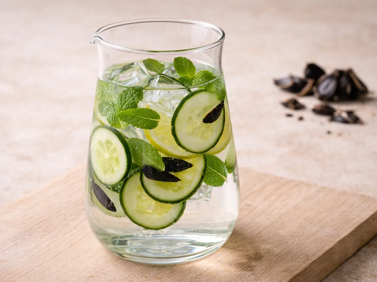 Eau detox concombre, menthe et ail noir