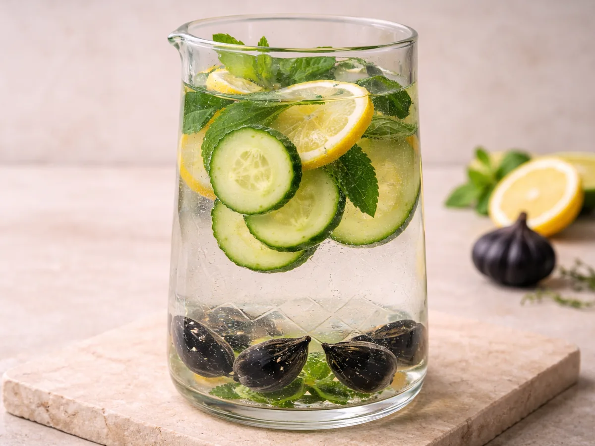 Eau Infusée à l'Ail Noir et Concombre pour une hydratation optimale