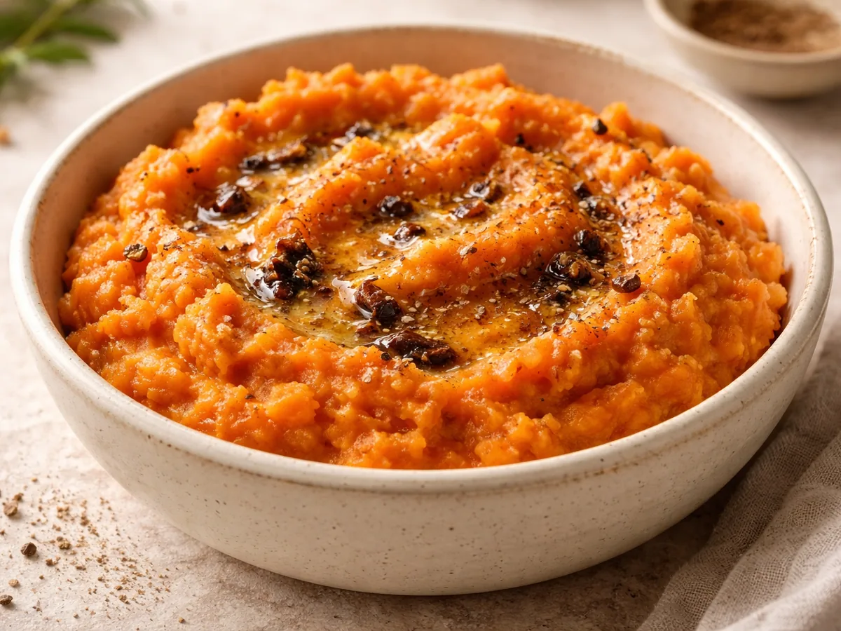 Écrasé de patates douces au beurre d'ail noir