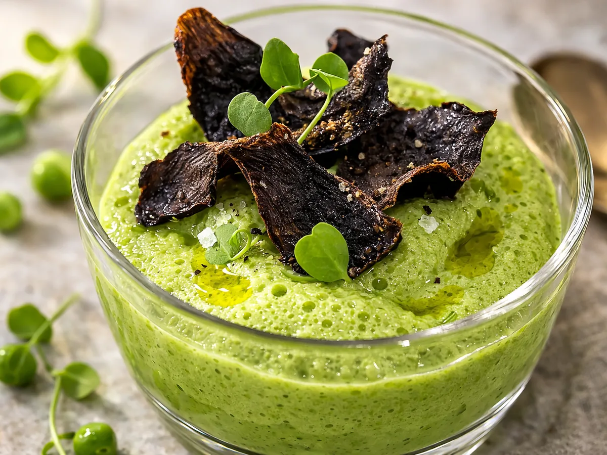 Espuma de petits pois avec chips de peau d'ail noir