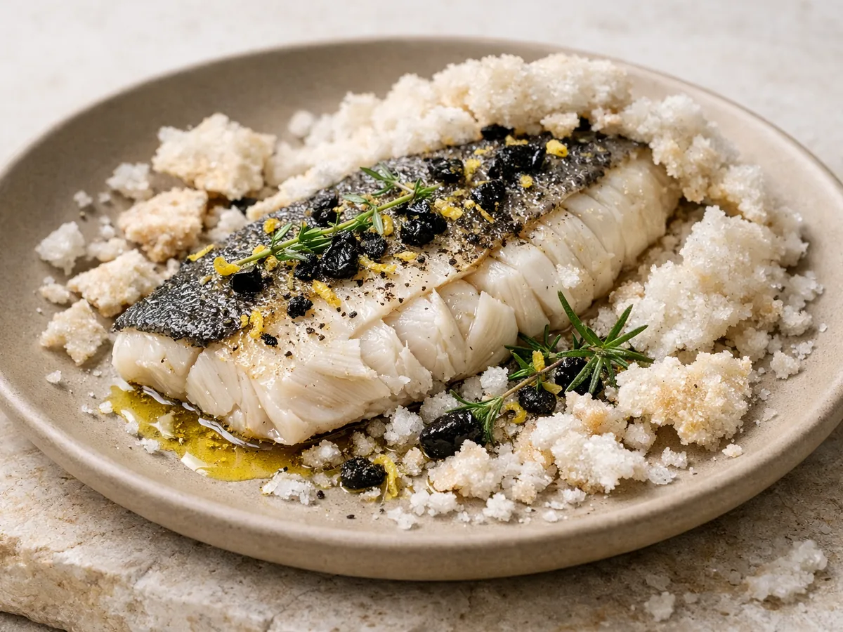 Filet de bar en croûte de sel et ail noir