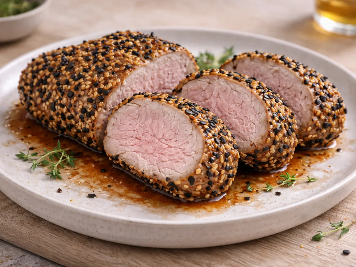 Filet mignon de porc en croûte de sésame et ail noir