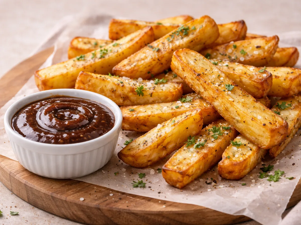 Frites au four accompagnées de leur sauce barbecue à l'ail noir