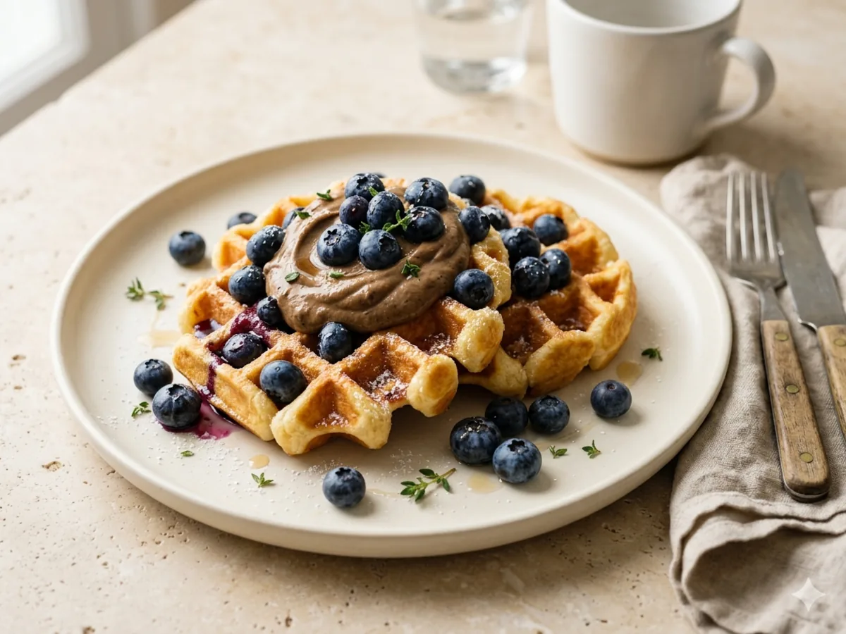 Gaufres moelleuses servies avec de la crème d'ail noir et des myrtilles