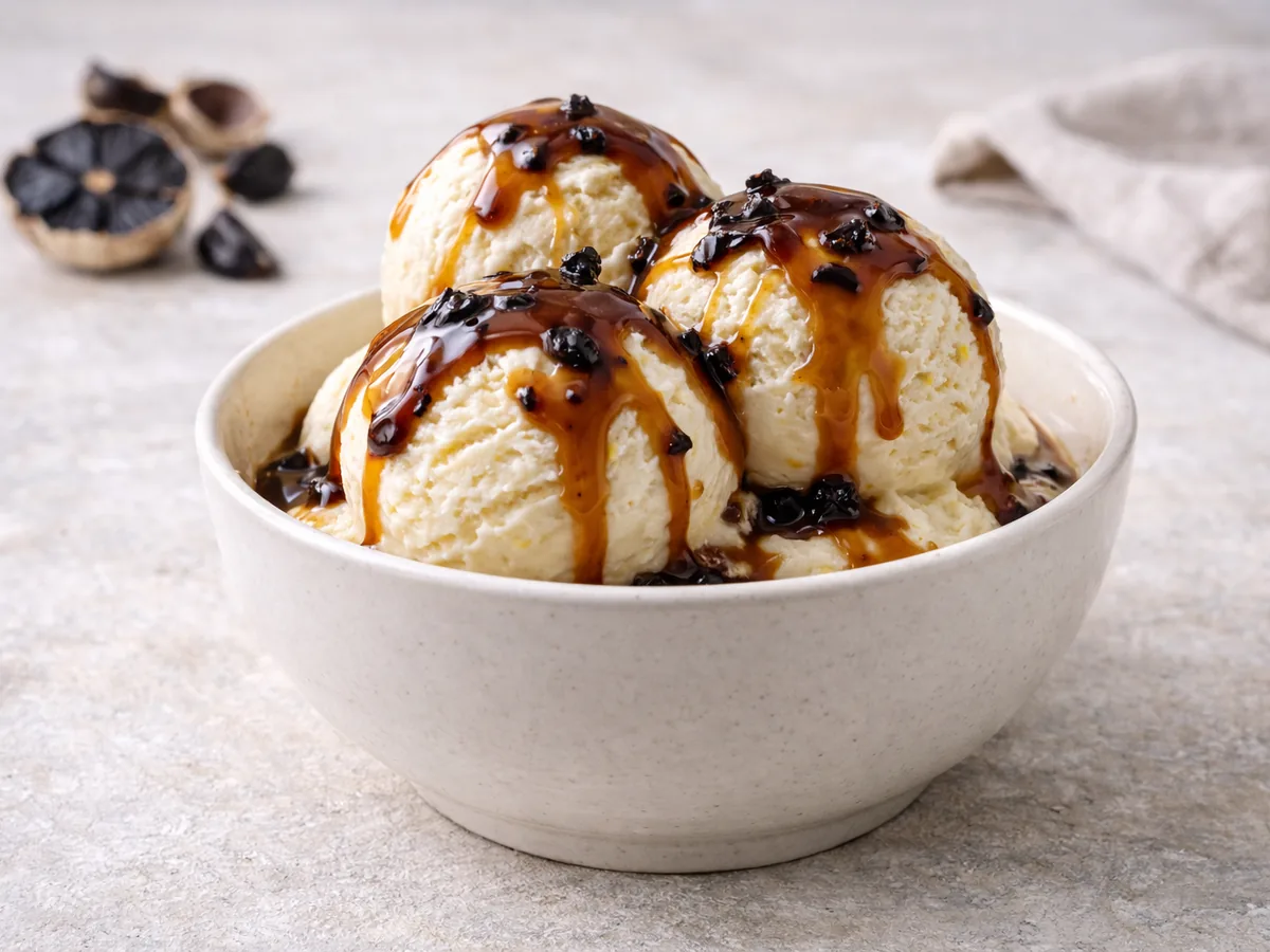Glace à la vanille agrémentée de caramel à l'ail noir