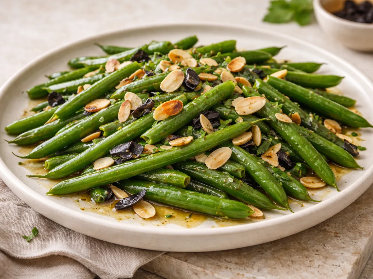 Haricots verts à l'ail noir et amandes effilées