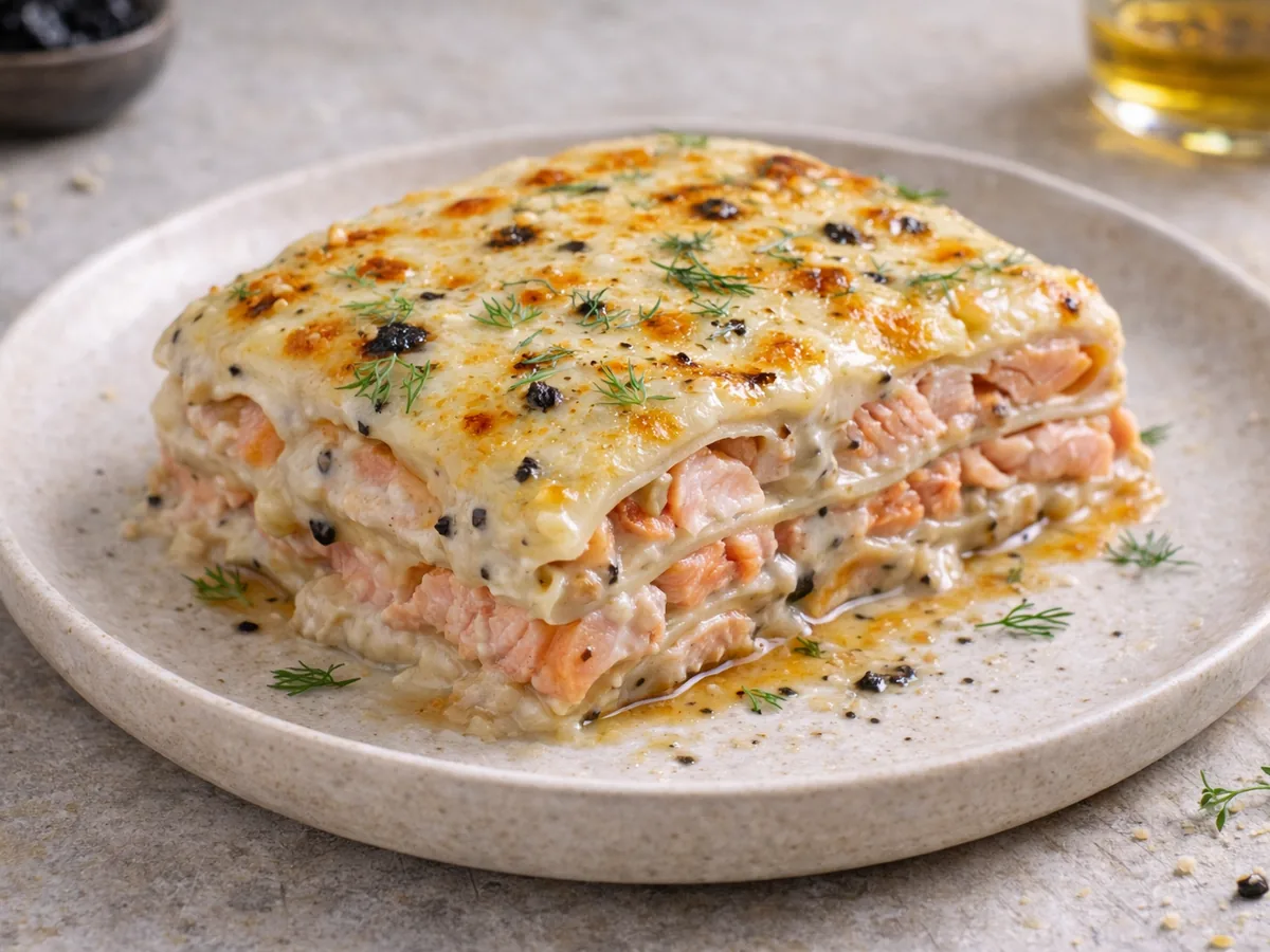 Lasagnes de saumon à la béchamel d'ail noir