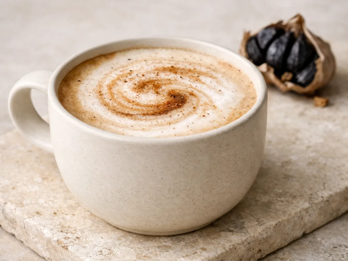 Latte matinal relevé d'une pointe d'ail noir
