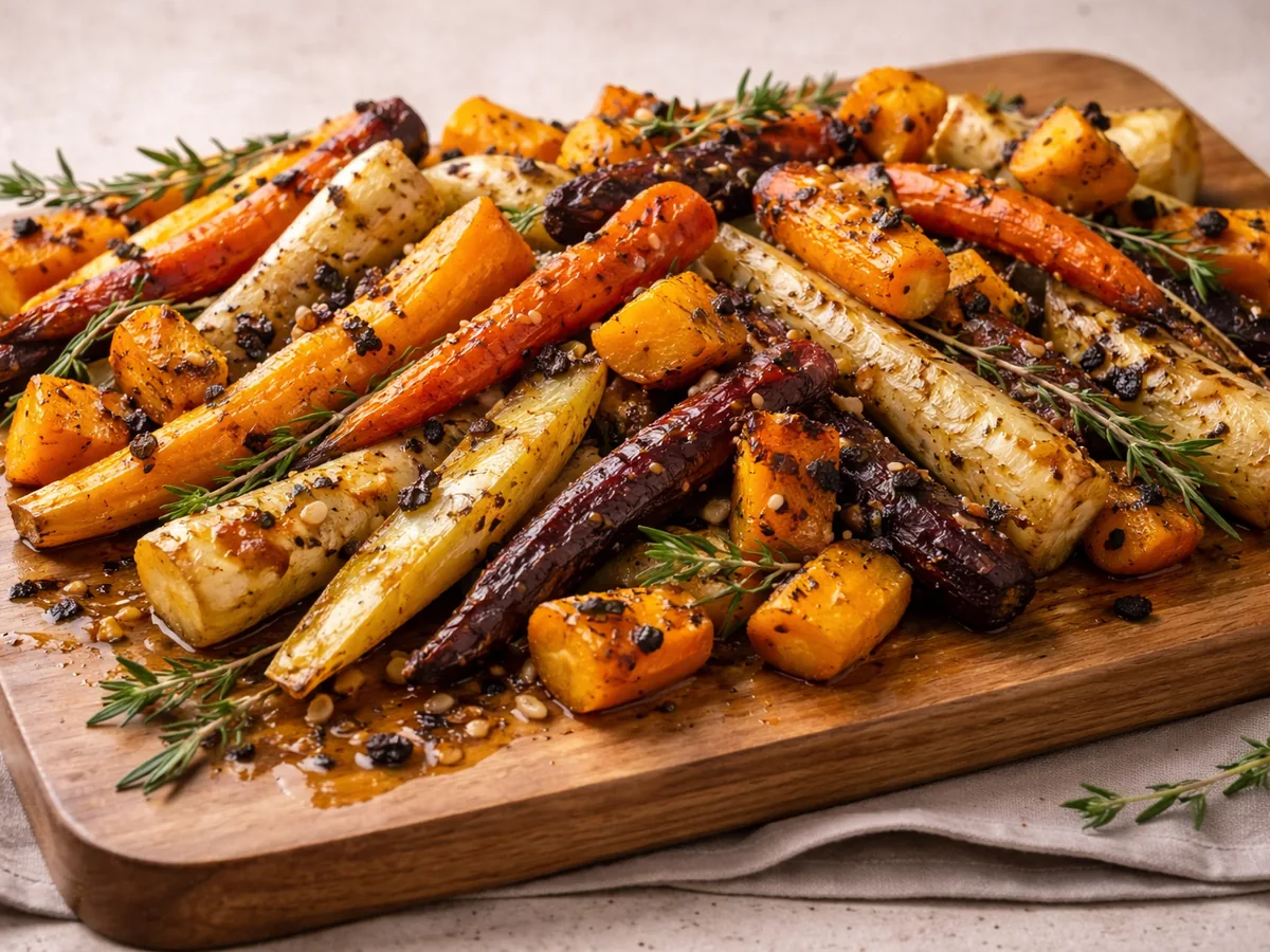 Légumes de saison rôtis à l'huile d'olive et ail noir