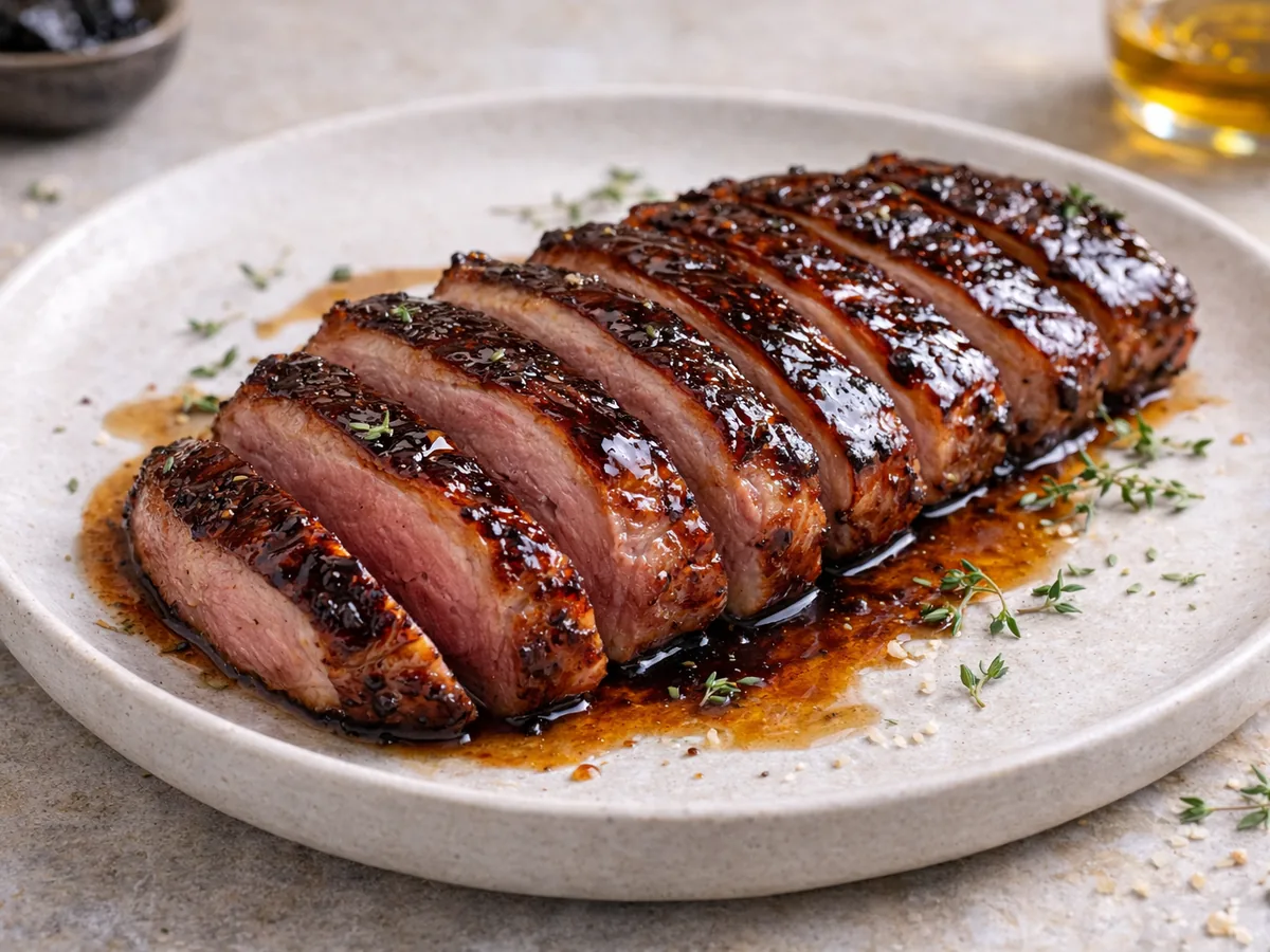 Magret de canard laqué à l'ail noir et miel