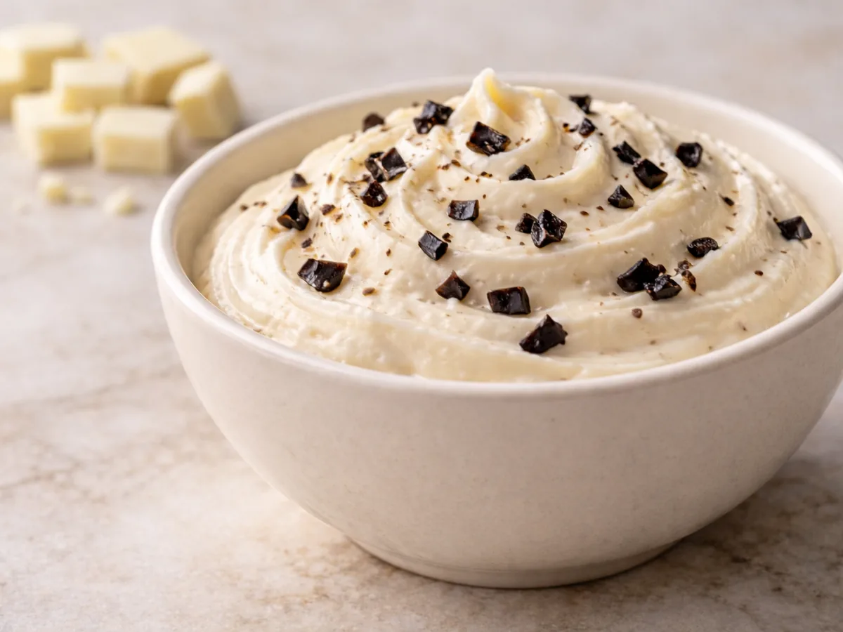 Mousse au chocolat blanc parsemée d'éclats d'ail noir