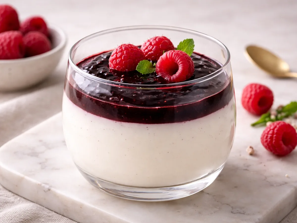 Panna cotta douce surmontée d'un coulis d'ail noir et framboises