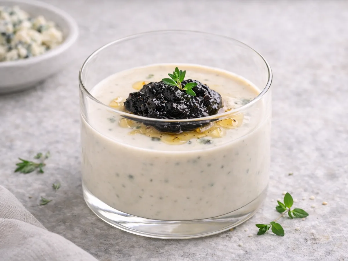 Panna cotta salée au roquefort et confit d'ail noir
