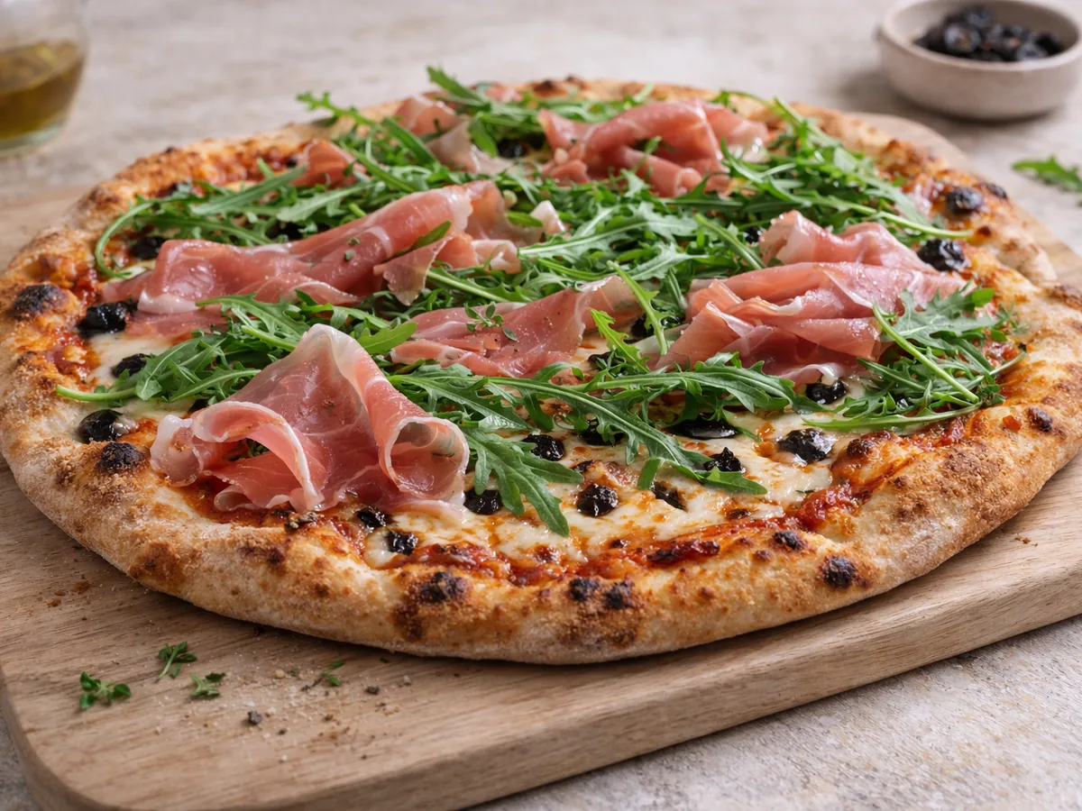 Pizza rustique à la roquette, jambon de Parme et ail noir