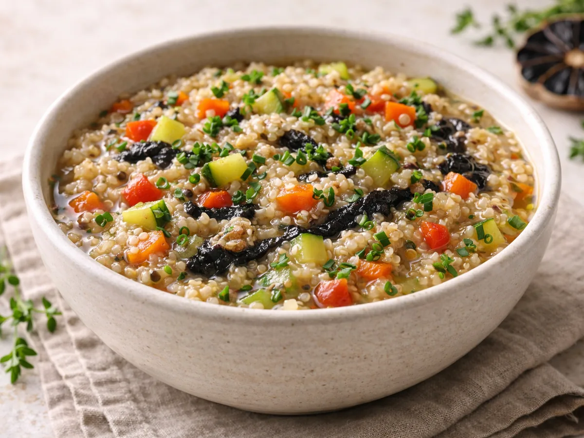 Porridge Salé au Quinoa, Légumes et Ail Noir pour un cœur en santé