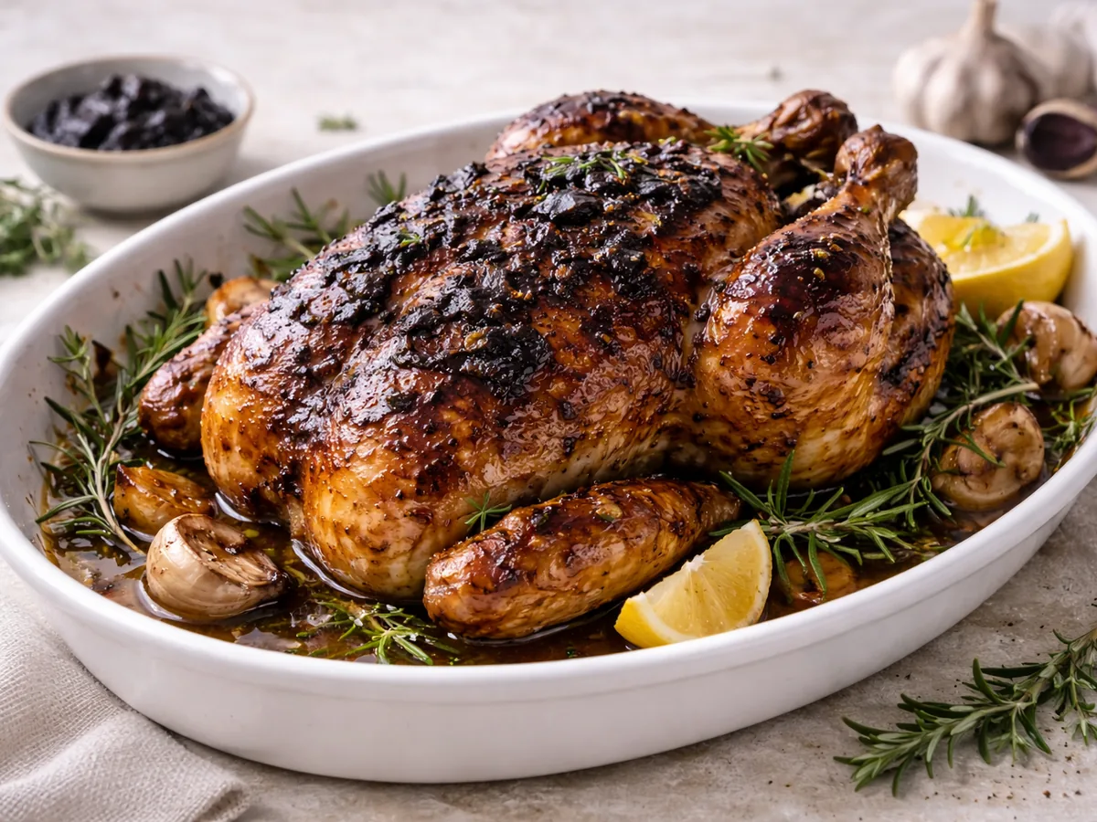 Poulet rôti en croûte d'ail noir et romarin