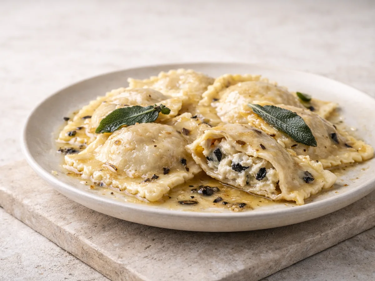 Raviolis maison fourrés à la ricotta et ail noir, sauce au beurre sauge