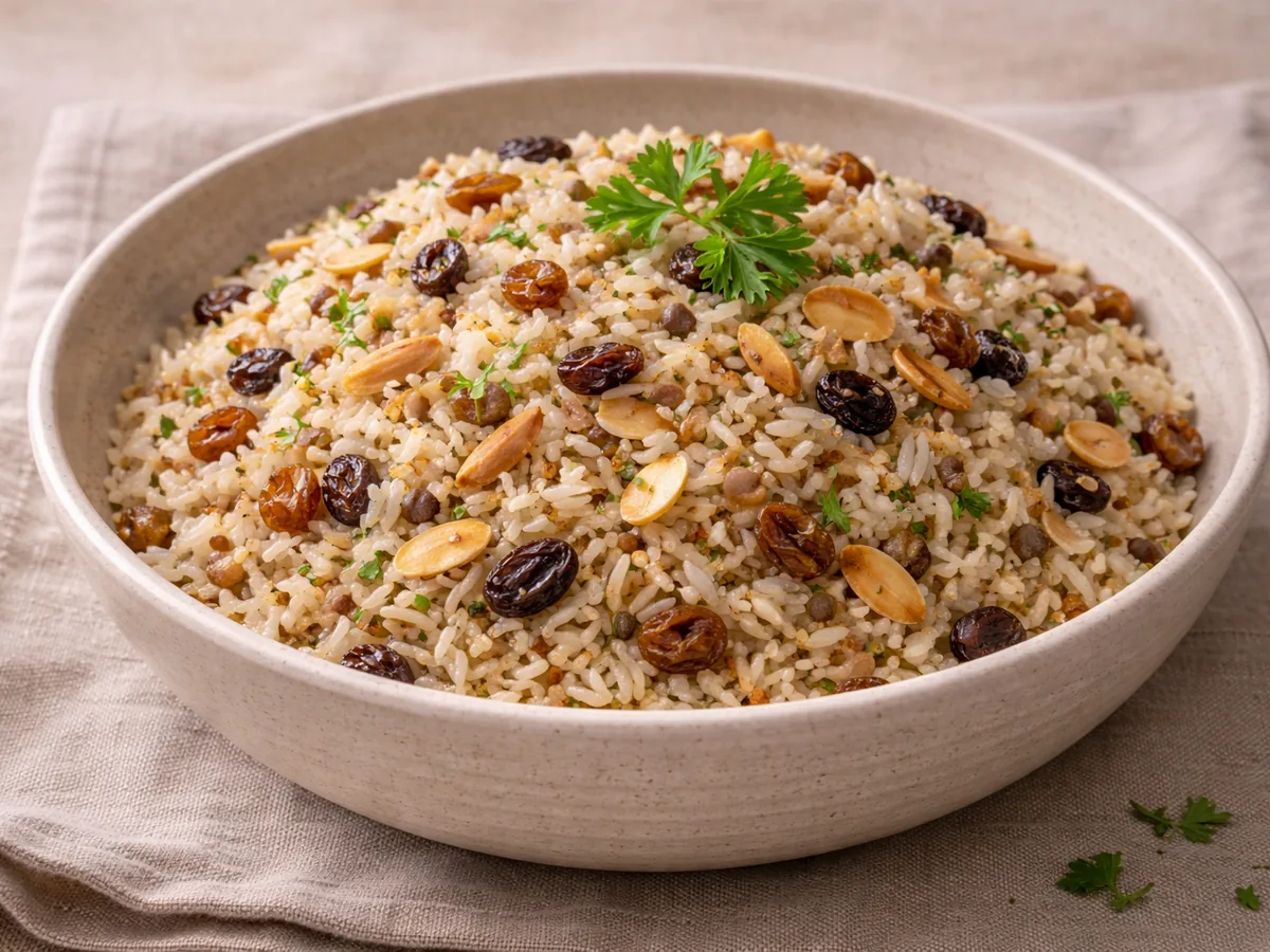 Riz pilaf aux amandes et raisins secs, infusé à l'ail noir