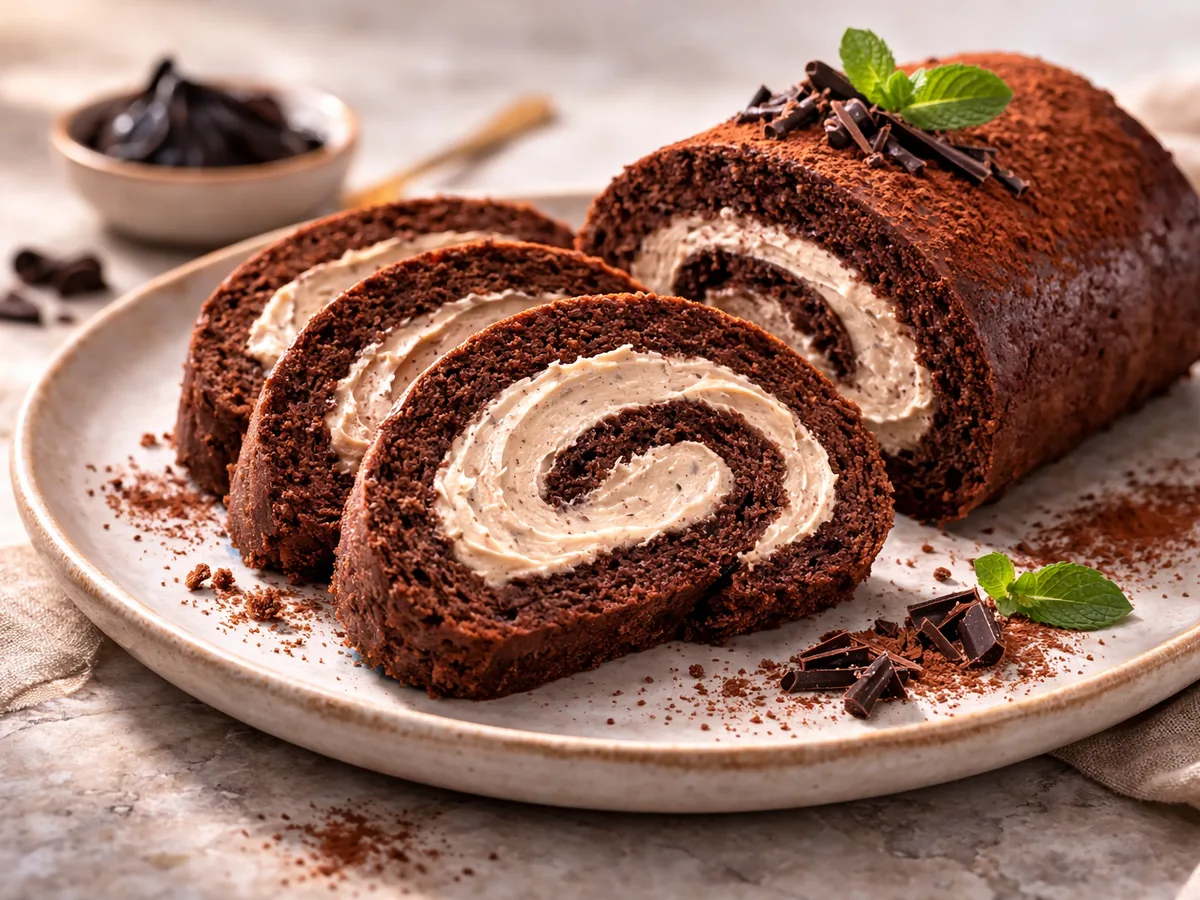 Roulé au chocolat fourré d'une crème légère à l'ail noir