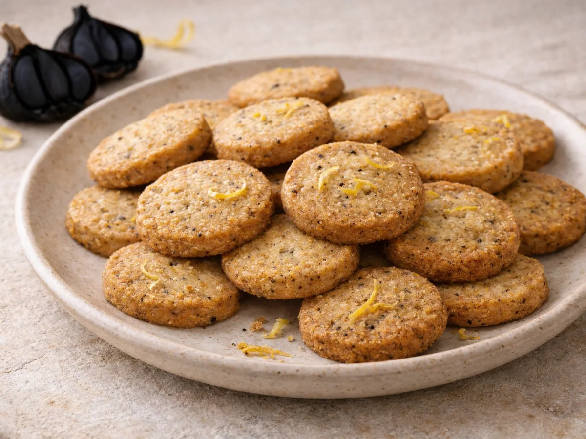 Sablés croquants à l'ail noir et zestes de citron