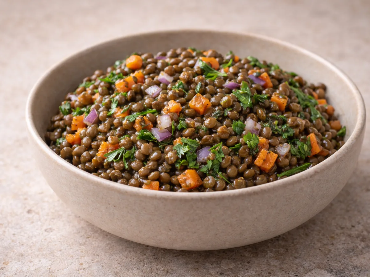 Salade de lentilles à la moutarde d'ail noir de French Black Garlic