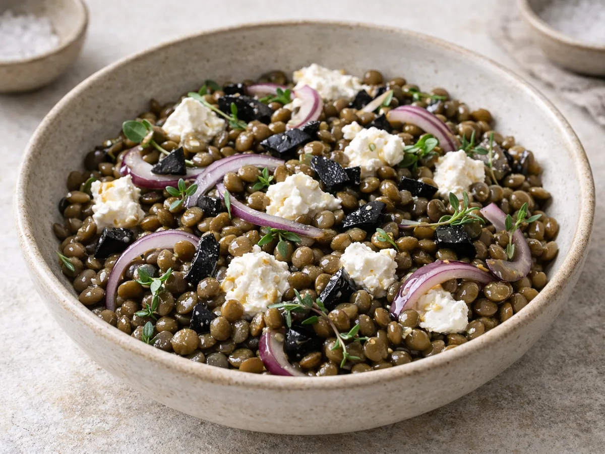 Salade de lentilles au chèvre frais et éclats d'ail noir