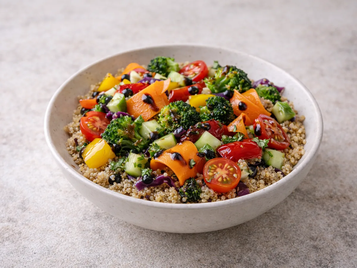 Salade de quinoa et légumes croquants, vinaigrette à l'ail noir