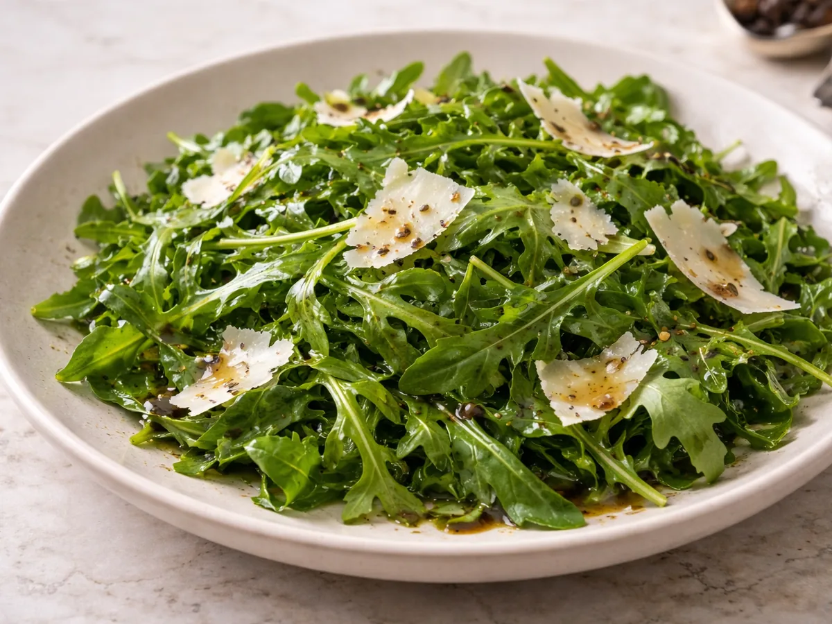 Salade de roquette, parmesan et vinaigrette à l'ail noir