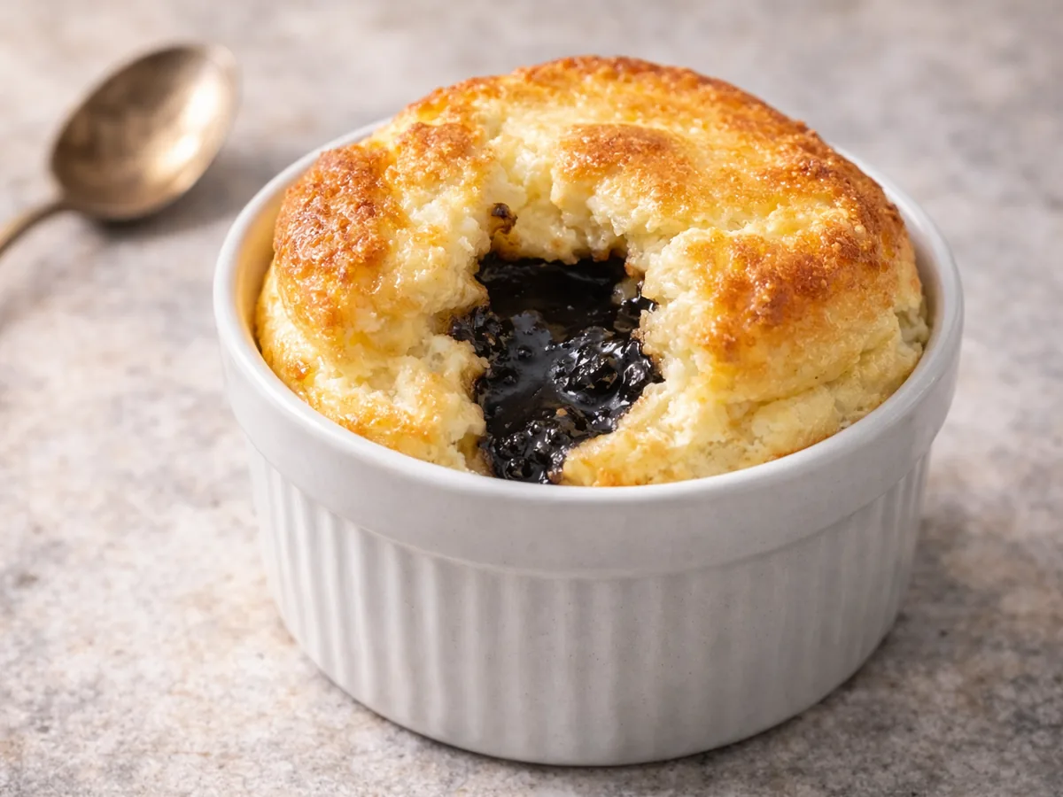 Soufflé au fromage avec cœur coulant à l'ail noir