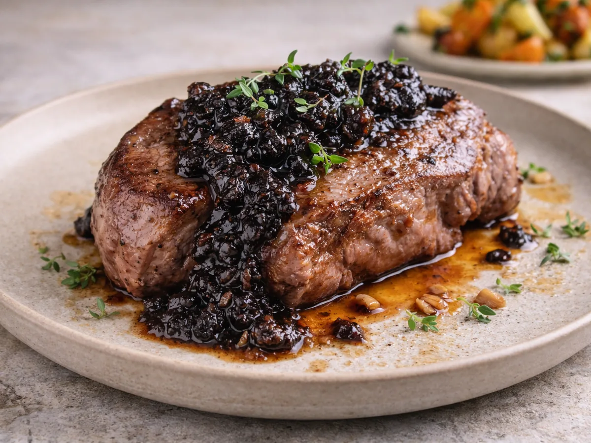 Steak d'agneau avec chutney d'ail noir