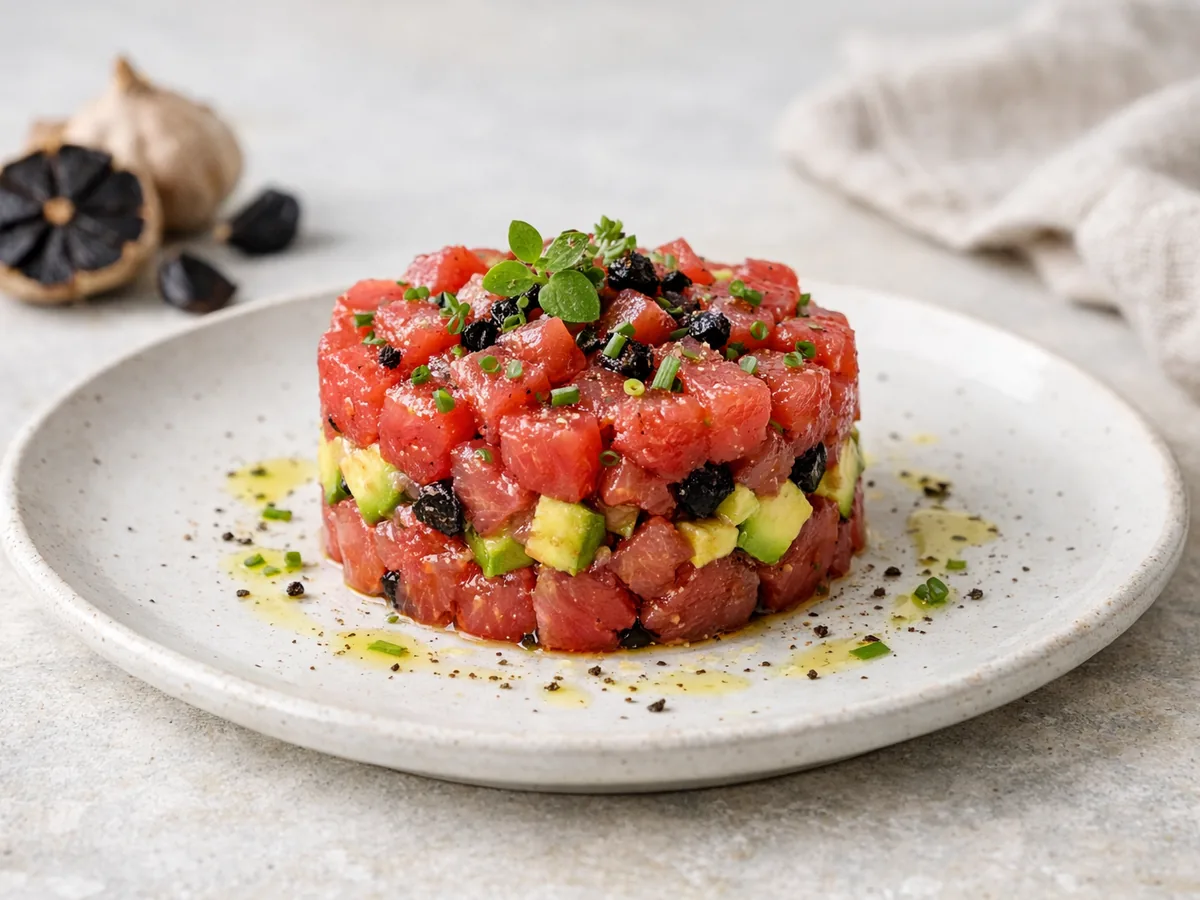Tartare de thon rouge à l'ail noir et avocat