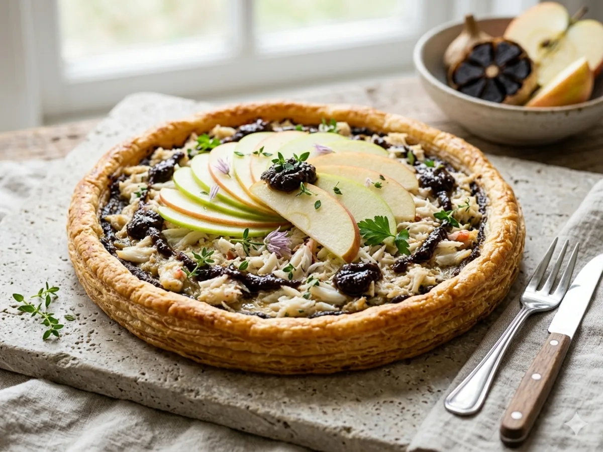 Tarte à la Tapenade d'Ail Noir, Pommes et Crabe