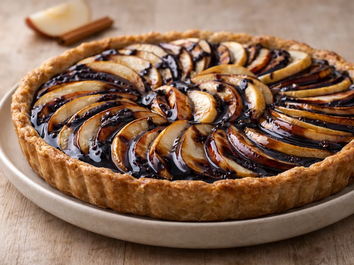 Tarte aux pommes et poires, nappée d'une réduction d'ail noir