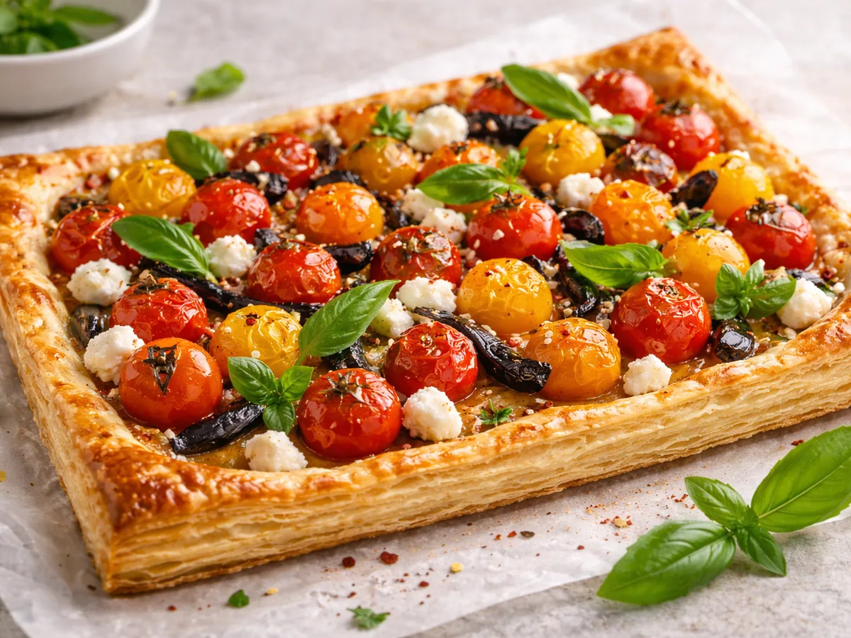 Tarte fine à la tomate cerise, basilic et ail noir