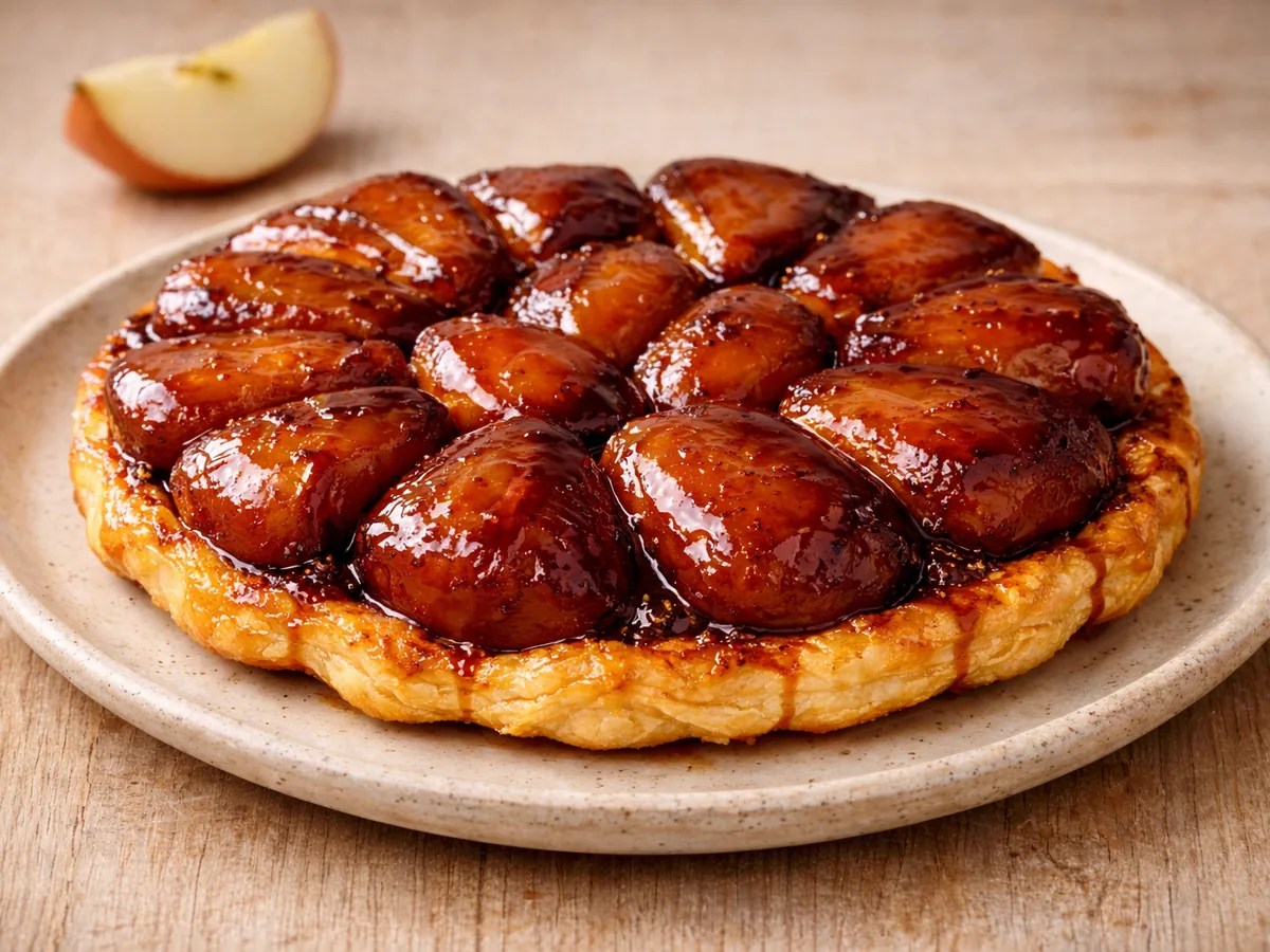 Tarte Tatin arrosée d'un sirop d'ail noir