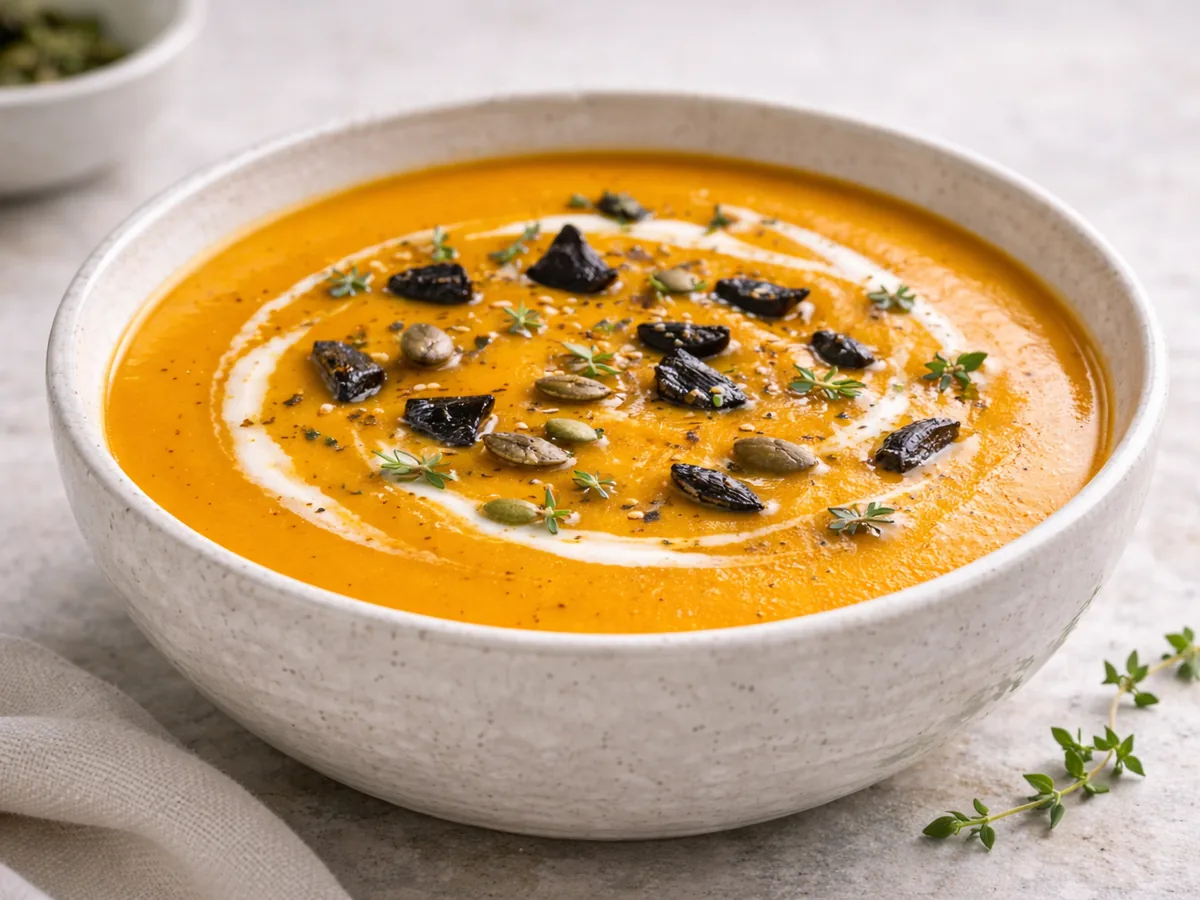 Velouté de potimarron avec éclats d'ail noir