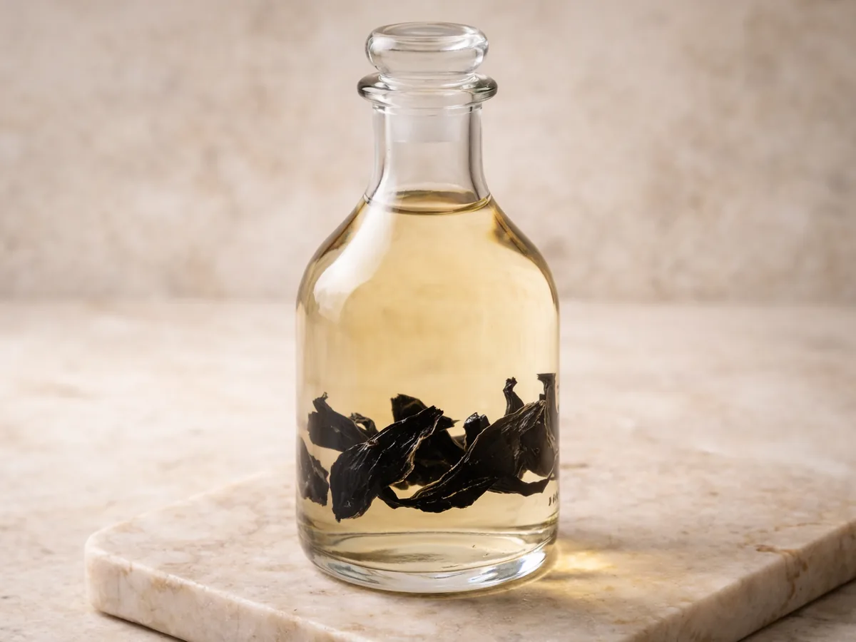 Vinaigre d'alcool et vin blanc infusé avec la Peau d'Ail Noir